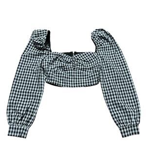 Missguided Puff Sleeve Corset Gingham Crop Top Black White L/S Size 10 Large NEW